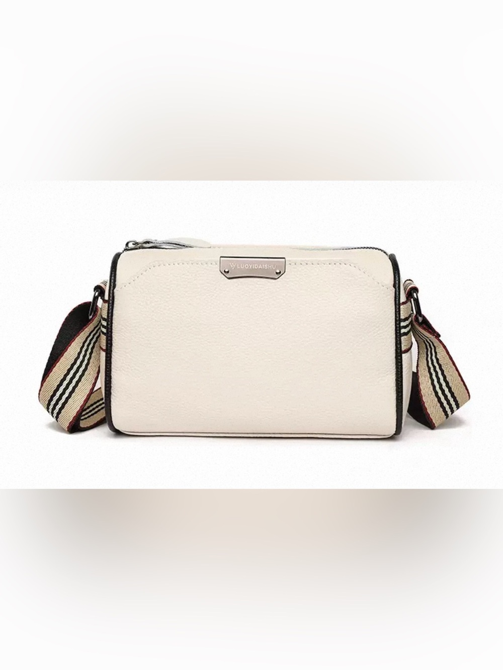 Off White Genuine Leather Crossbody Bag with Striped Strap